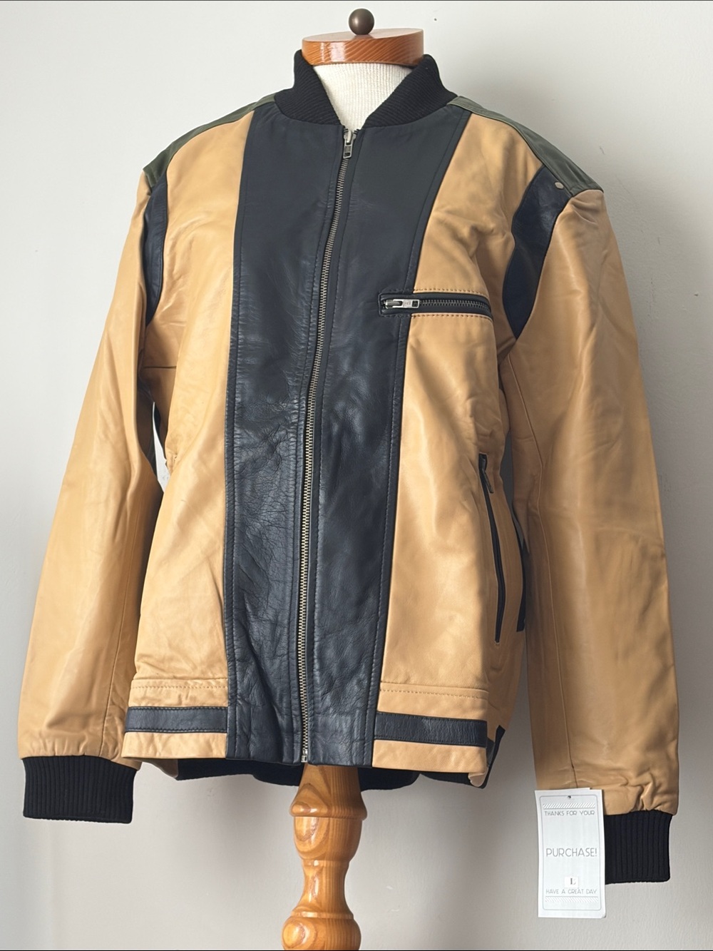 Tri-Tone Leather Bomber Jacket - Black & Tan & Green 80s inspired